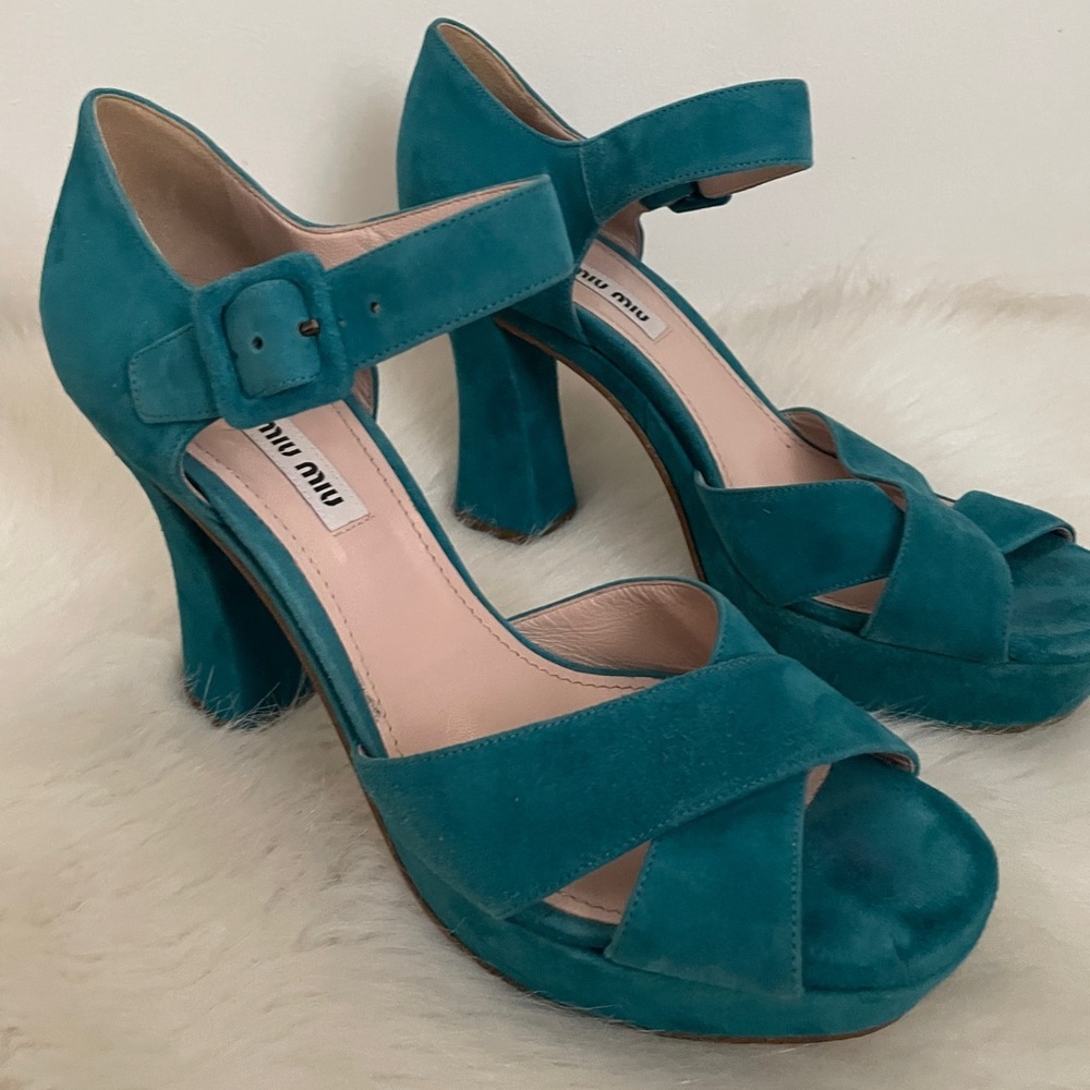 Miu Miu Teal Suede Women's Chunky Heels